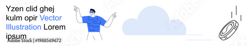 Technology, virtual currency, modern communication, digital economy, data cloud, innovation. A man pointing upward, a cloud and a coin falling. Technology and digital currency concepts