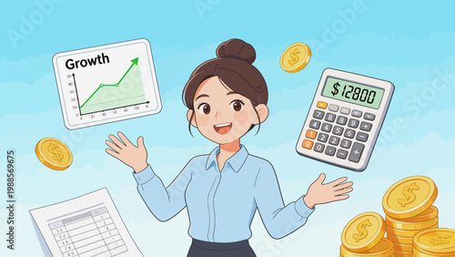 Business woman with growth chart calculator and coins