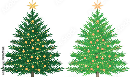 Realistic green christmas tree with gold star topper and yellow baubles