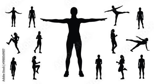 Collection of diverse female silhouettes showcasing various fitness exercises and dynamic body movements on white.