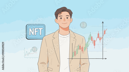 Man with NFT and cryptocurrency chart