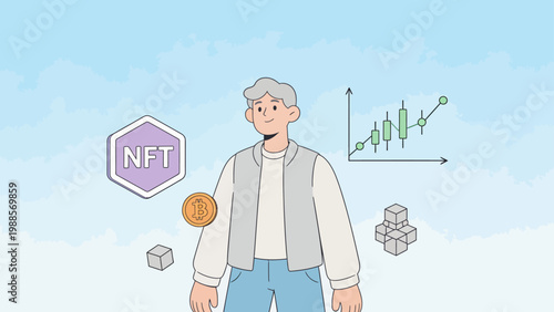 Man with NFT and cryptocurrency symbols