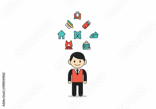 Man Juggling Various Objects Representing Services and Tasks.