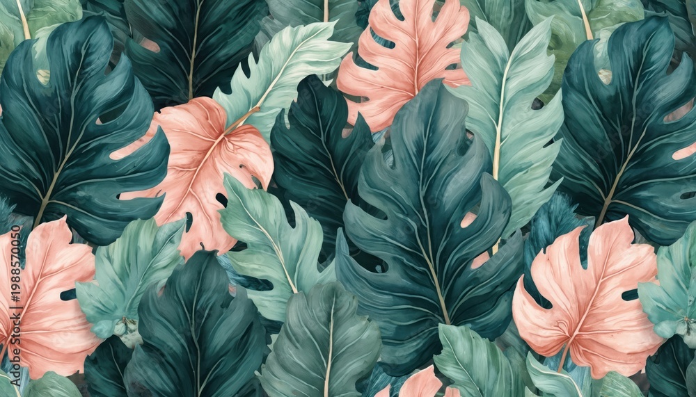 Fototapeta premium Tropical leaves pattern in shades of green teal and rose. Lush jungle foliage dense plant growth background for decor print textile wallpaper.