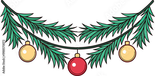 Festive 3 d garland with glossy red and gold ornaments and green pine needles