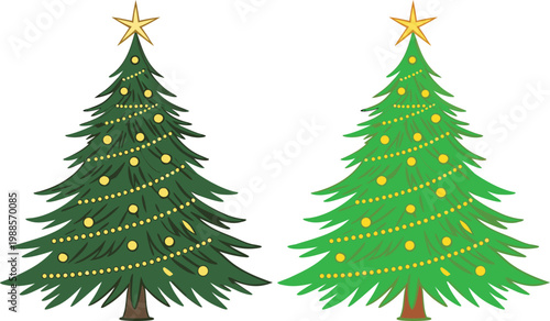 Realistic christmas tree with glossy green needles and gold star topper