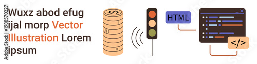 Technology, coding frameworks, digital payments, data flow processing, traffic signaling, programming tools. Coin stack, traffic light HTML coding snippets. Technology and coding frameworks concepts