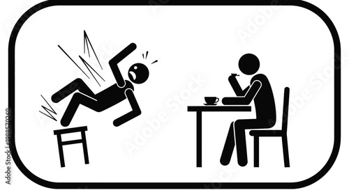Stick figure person falling off a chair while another person drinks coffee at a table nearby