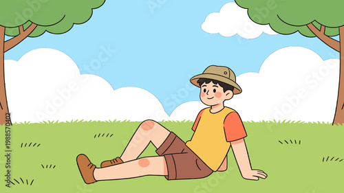 Man relaxing on grass in park enjoying peaceful summer day illustration
