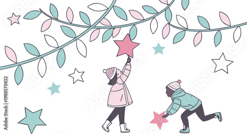 Girl and dog under glowing string lights and stars pattern