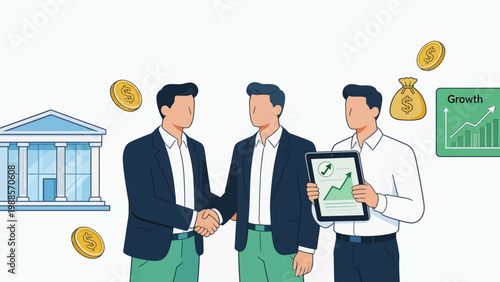 Businessmen shaking hands with financial symbols