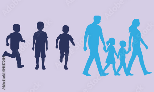 Silhouettes of children running and a family walking together in blue on light purple
