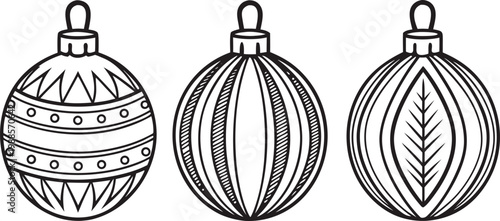 Hand drawn black ink christmas baubles with geometric patterns