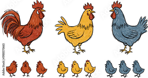 Sketch-Style Roosters and Chicks Collection