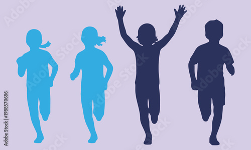 Diverse children silhouettes running and jumping joyfully against a light purple background