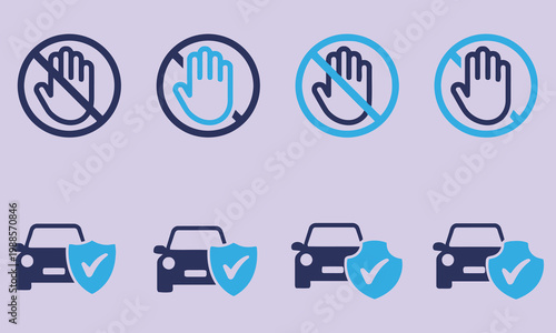 Set of Icons: Car Insurance Shield and No Entry Hand Sign