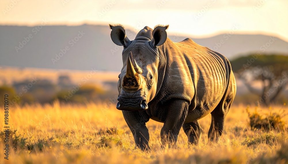 Fototapeta premium Majestic Rhino Strolling Through Golden African Savannah at Sunset.