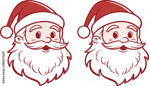 Pair of watercolor santa claus faces with red hats smiling