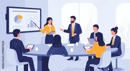 Business professionals in a modern meeting room, analyzing data on a screen and tablets
