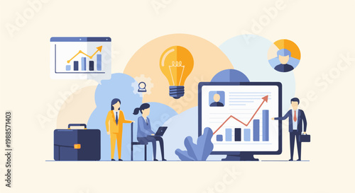 Business professionals collaborate around charts, a lightbulb, and a computer screen