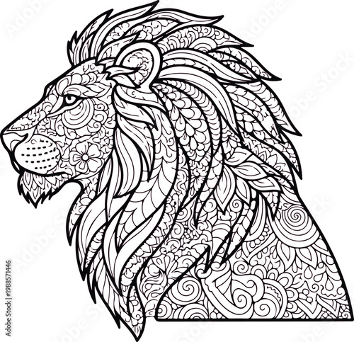 A powerful black tribal lion head mascot illustration in vector style showing a wild animal face design suitable for tattoo or logo art