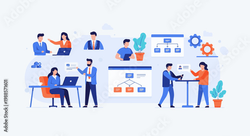 Professionals collaborate on tasks and projects within a modern office setting