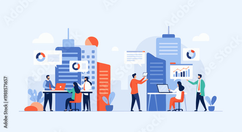Office workers collaborating in a modern city, analyzing charts and data