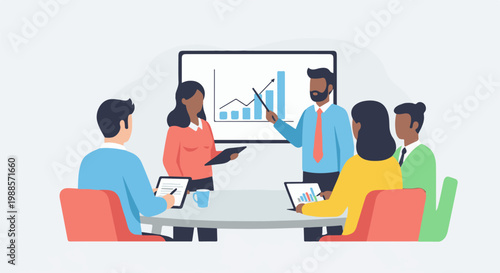 Diverse team collaborates in a meeting, presenting data and graphs on a screen