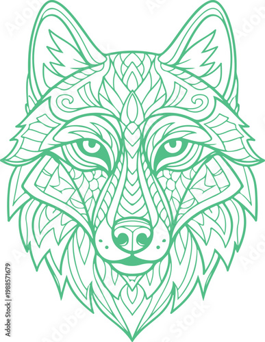A black tribal wolf head tattoo design with a bold wild animal face in a vector illustration style