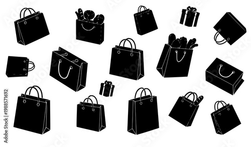 Shopping bag silhouette icons vector with retail grocery and gift package symbols in modern style