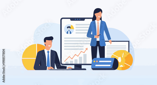 Business professionals analyze data with charts and graphs on a monitor