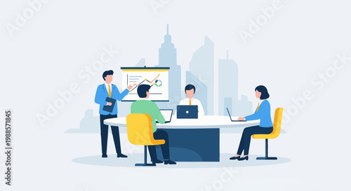 Business meeting with analytics presentation and laptops at a modern office