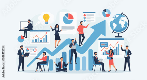 Business professionals collaborate and analyze data on a rising graph, representing growth and global strategy