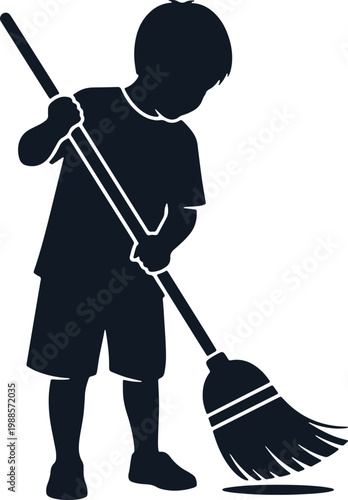 Child sweeping floor with broom, cleaning and chores, helping with housework.