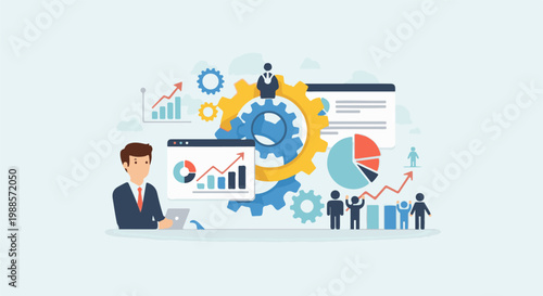 Illustration of business growth analysis with charts, gears, and people figures