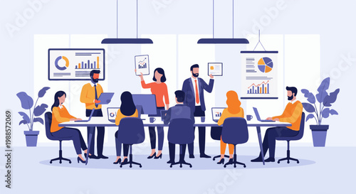 Diverse professionals collaborate in a modern office meeting, discussing charts and data