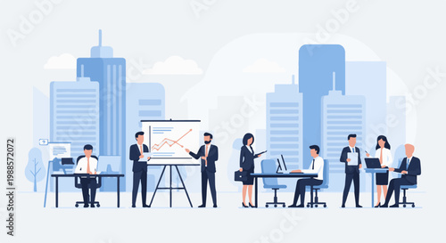Diverse professionals collaborate in a modern office setting with city skyscrapers in the background
