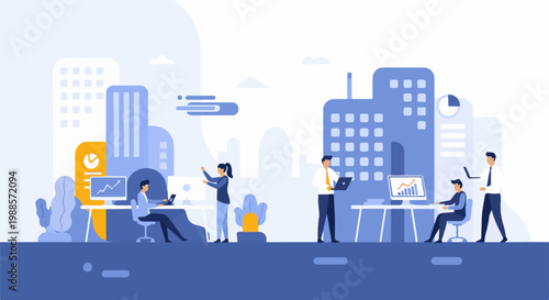 Modern office scene with people working and city buildings in the background