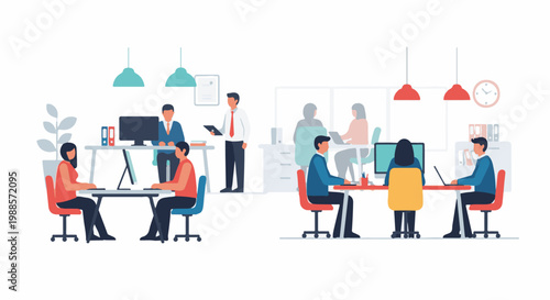Flat illustration of busy office spaces with people working at desks and meeting