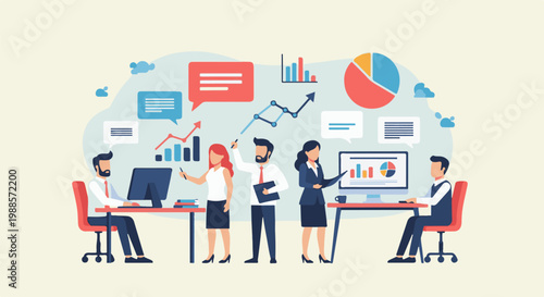 Business professionals analyze data charts and communicate ideas in a modern office setting