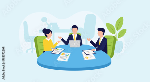 Three people in a meeting discussing charts and graphs around a table