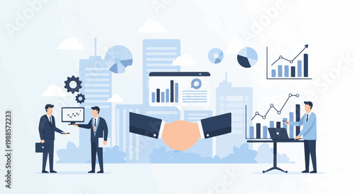 Two businessmen shake hands over a cityscape with charts and graphs, symbolizing business success and agreement