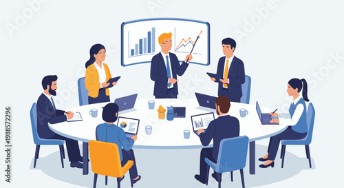 Diverse professionals engage in a collaborative meeting around a table, discussing charts on a screen