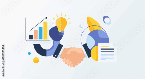 Two figures in suits shake hands, symbolizing partnership, beside a growth chart and a bright idea