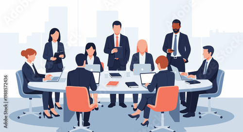Diverse professionals in formal attire collaborate around a large oval table with laptops