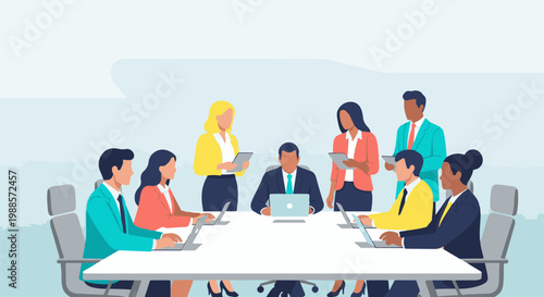 Diverse group collaborates around conference table with laptops and tablets