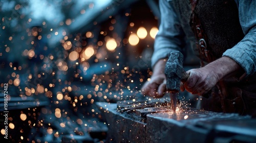 Forge Work: Blacksmith shaping hot metal on anvil with hammer in workshop