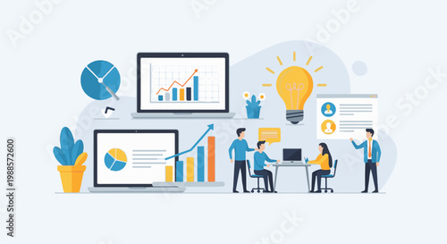 A team collaborates on a business idea, using laptops, charts, and a lightbulb for inspiration