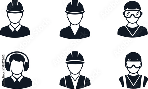 Worker safety icons with protective gear for construction and industrial settings.