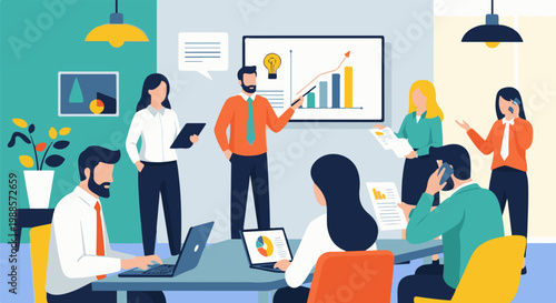 Diverse team collaborates in a modern office meeting, discussing growth charts and data